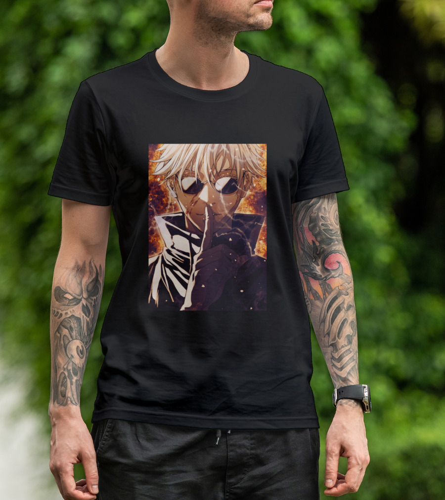 Satoru Gojou Anime Character With Fire Background T-Shirt