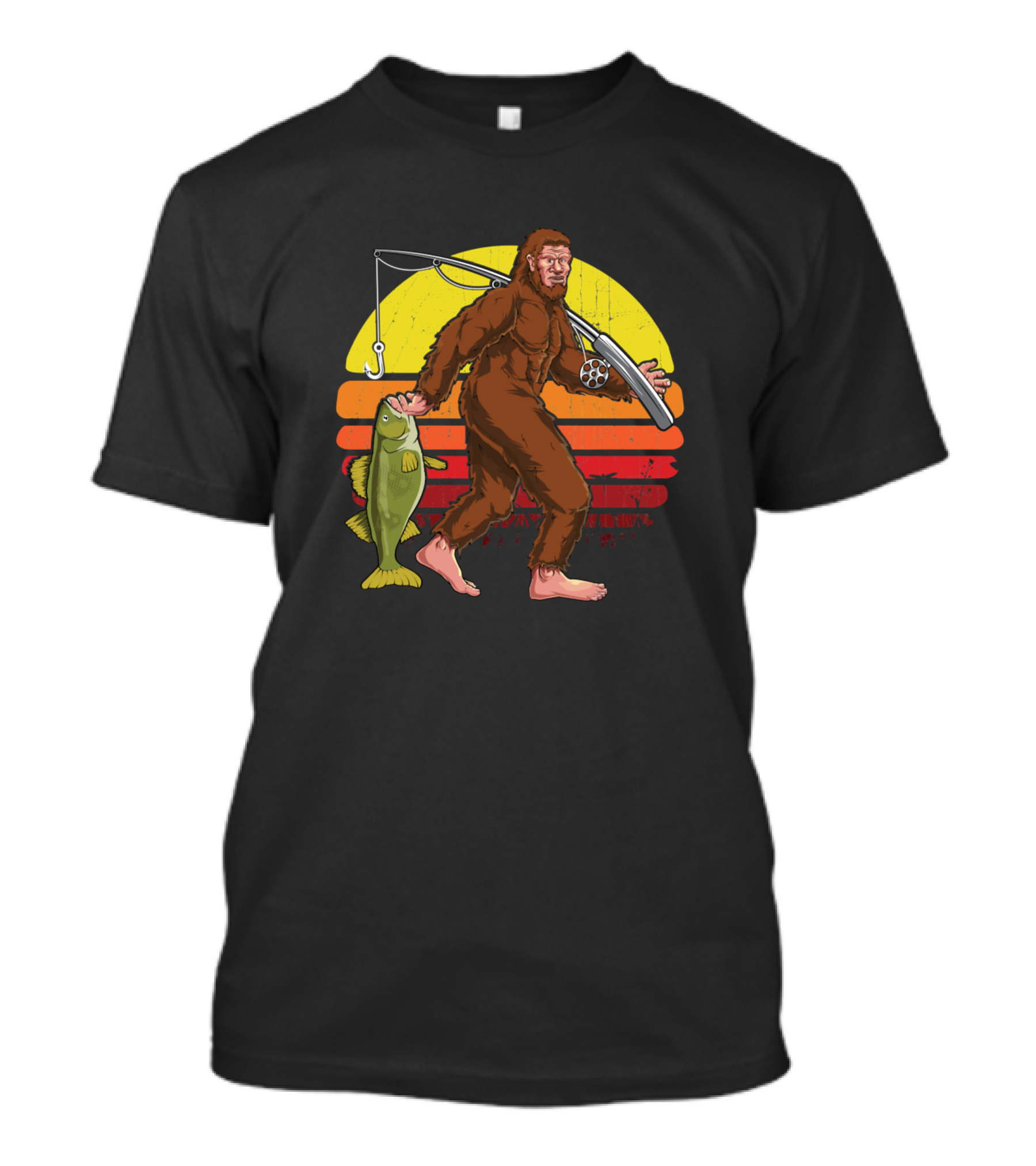 Sasquatch Carrying Walleye Fish Retro Sunset T-Shirt