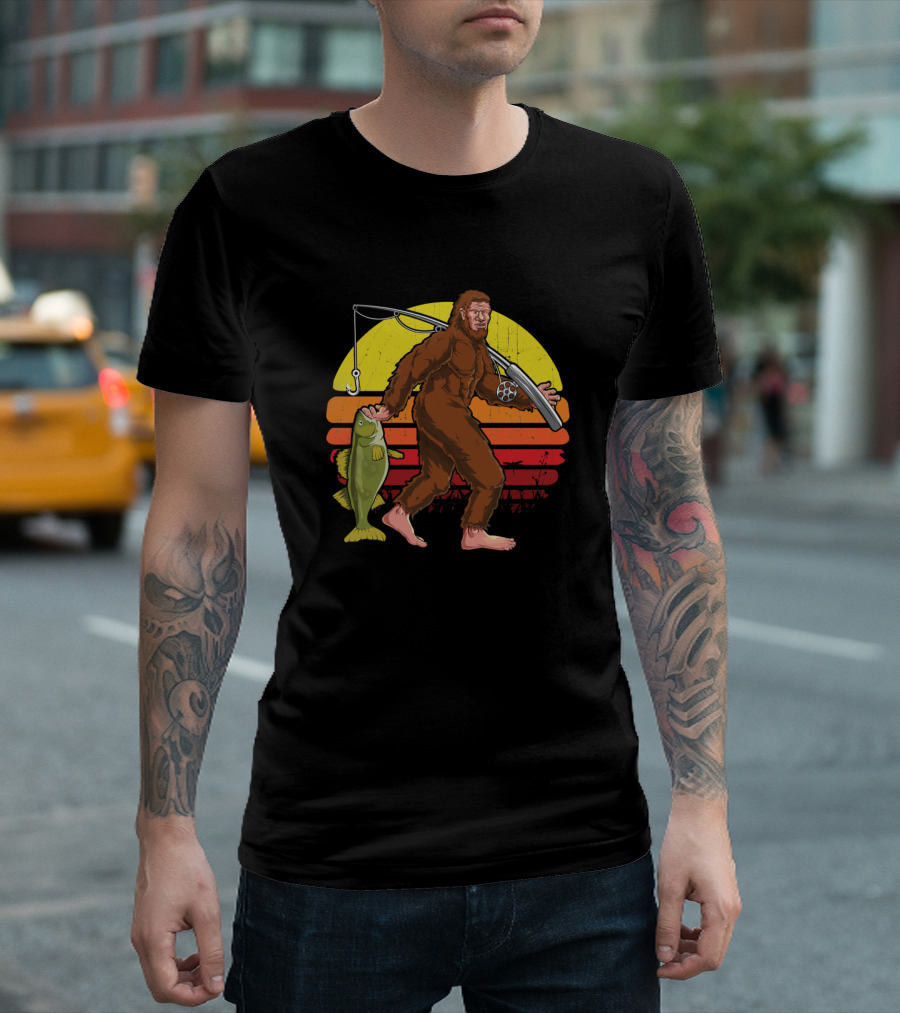 Sasquatch Carrying Walleye Fish Retro Sunset T-Shirt