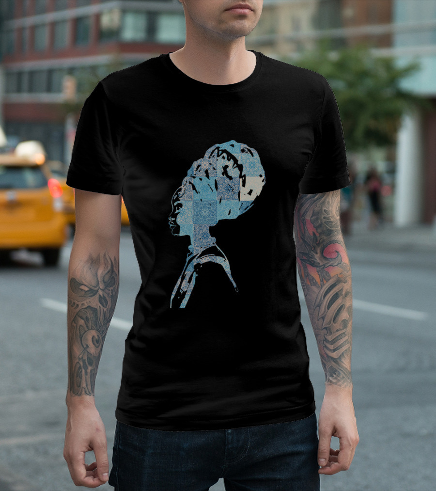 African Amazing Woman Artistic Profile Blue Pattern Headwrap T-Shirt