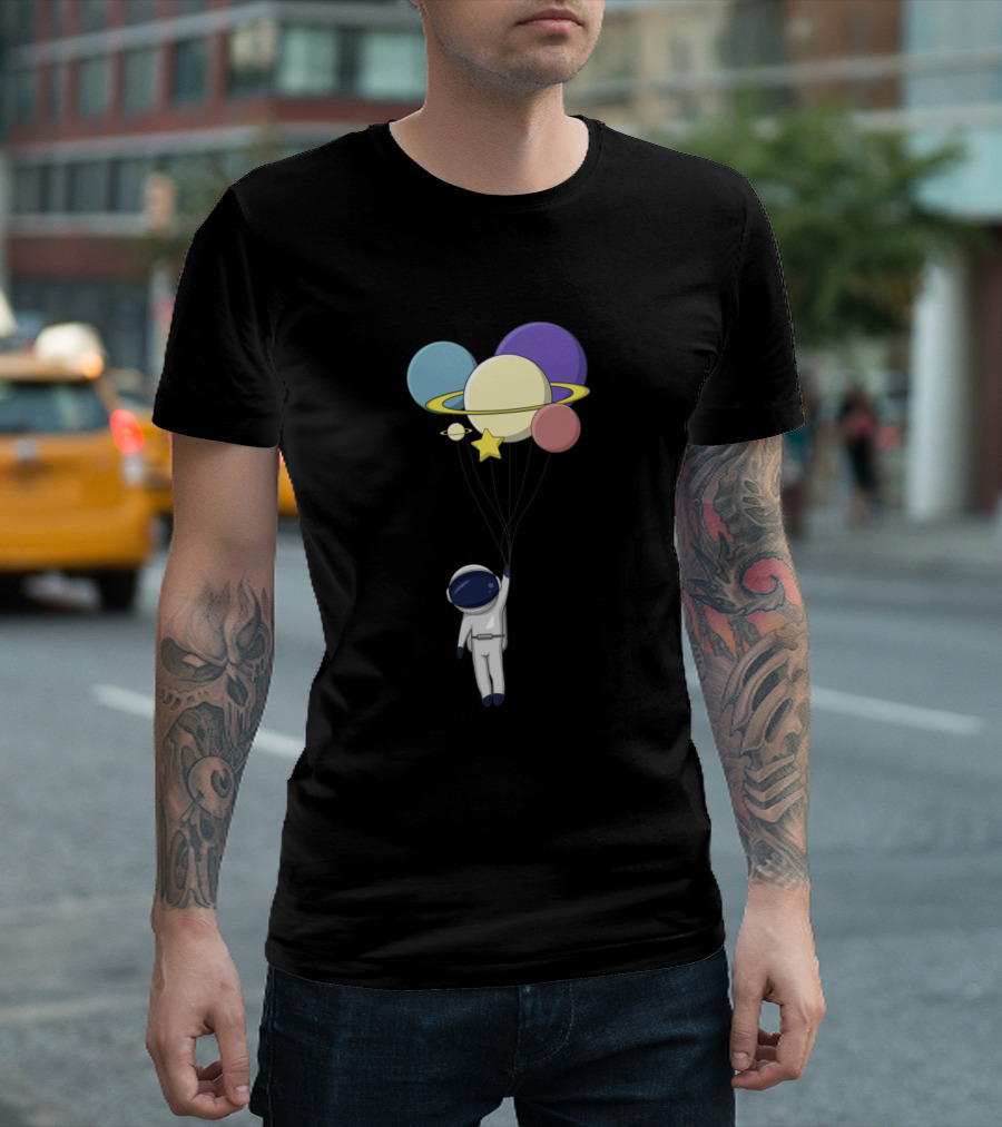 Astronaut Floating with Planets and Star Balloons T-Shirt