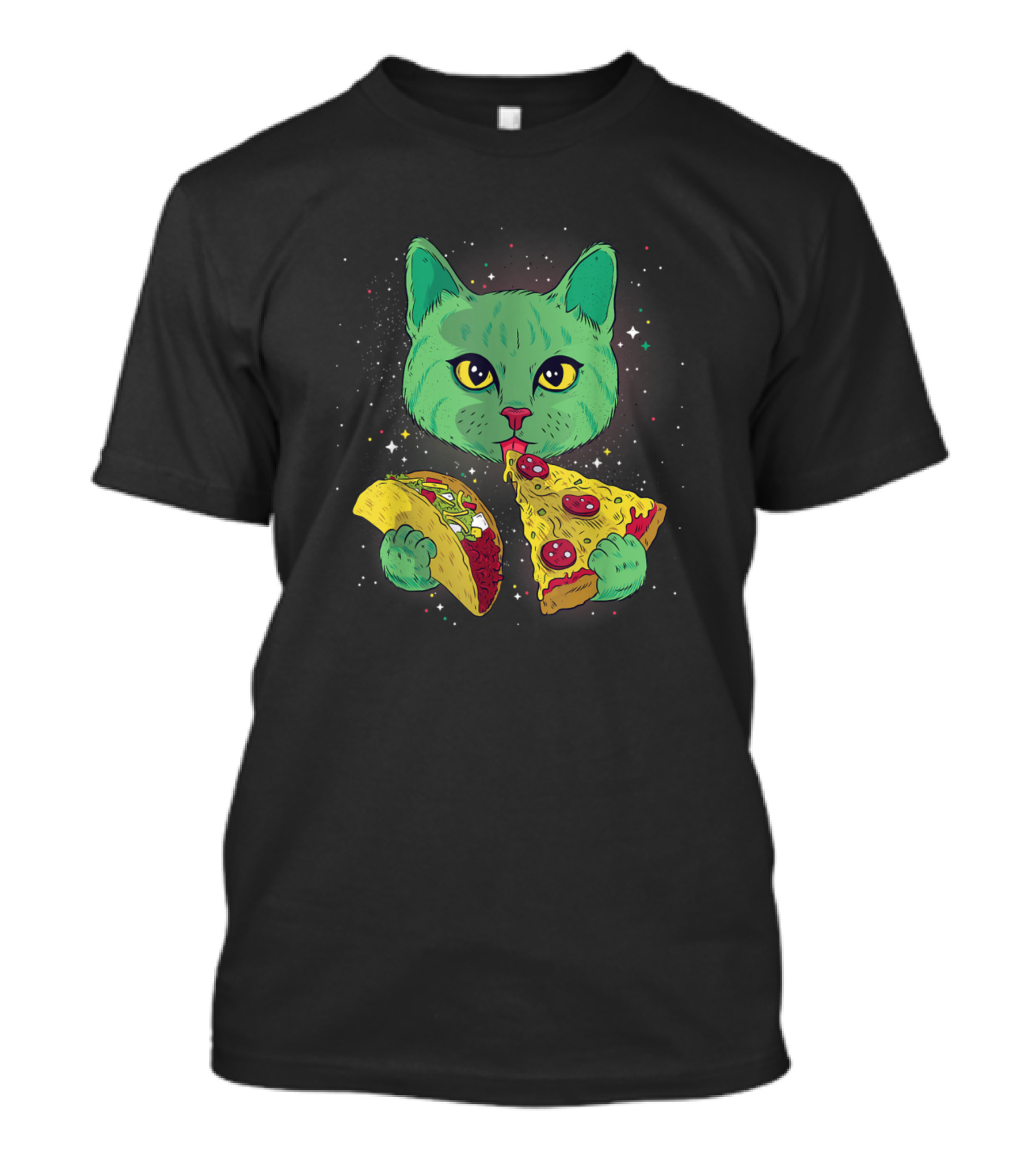 Cat Eating Pizza Slice And Taco In Space With Stars And Galaxy Background T-Shirt