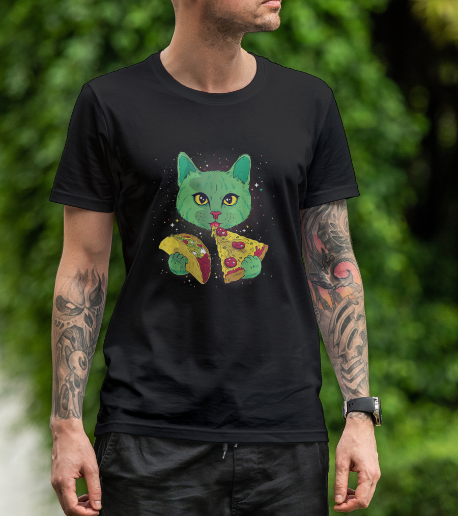 Cat Eating Pizza Slice And Taco In Space With Stars And Galaxy Background T-Shirt