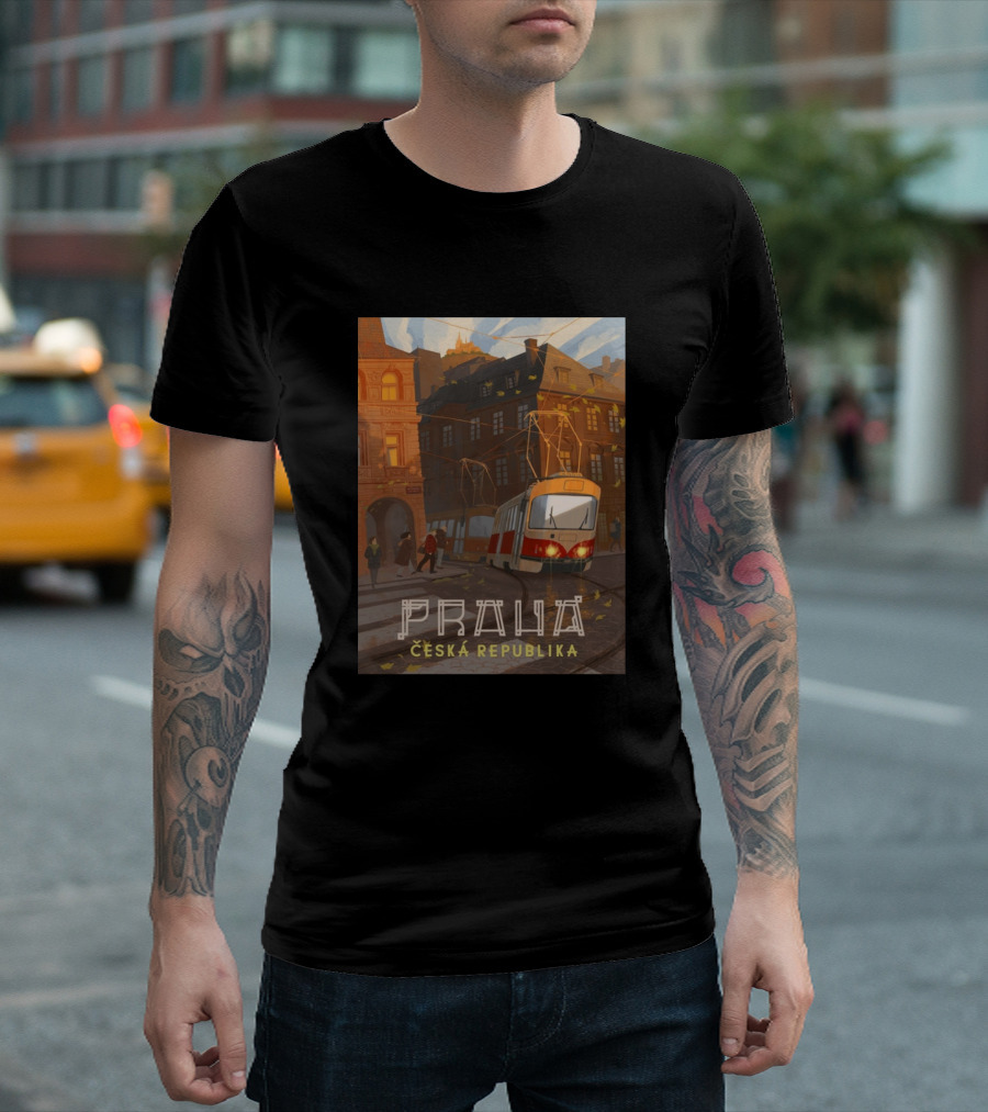 Praha Ceska Republika Vintage Tram Scene T-Shirt