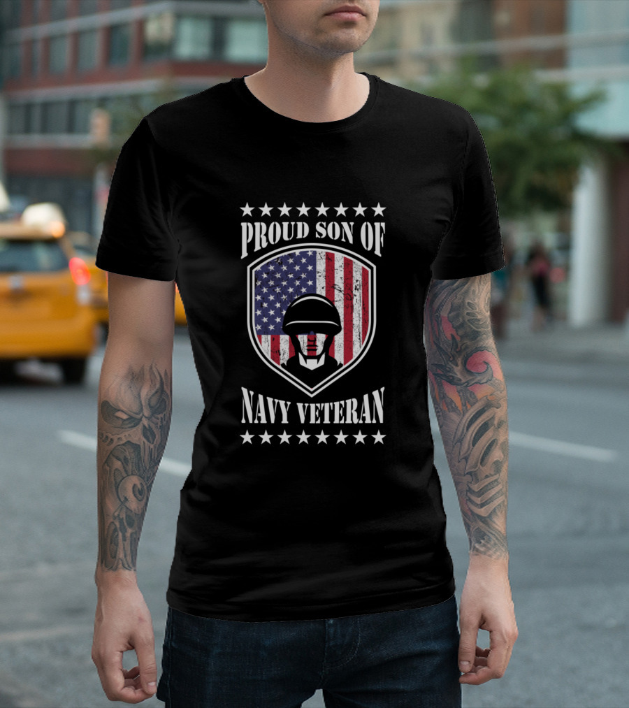 Proud Son Of Navy Veteran American Flag Shield Helmet T-Shirt