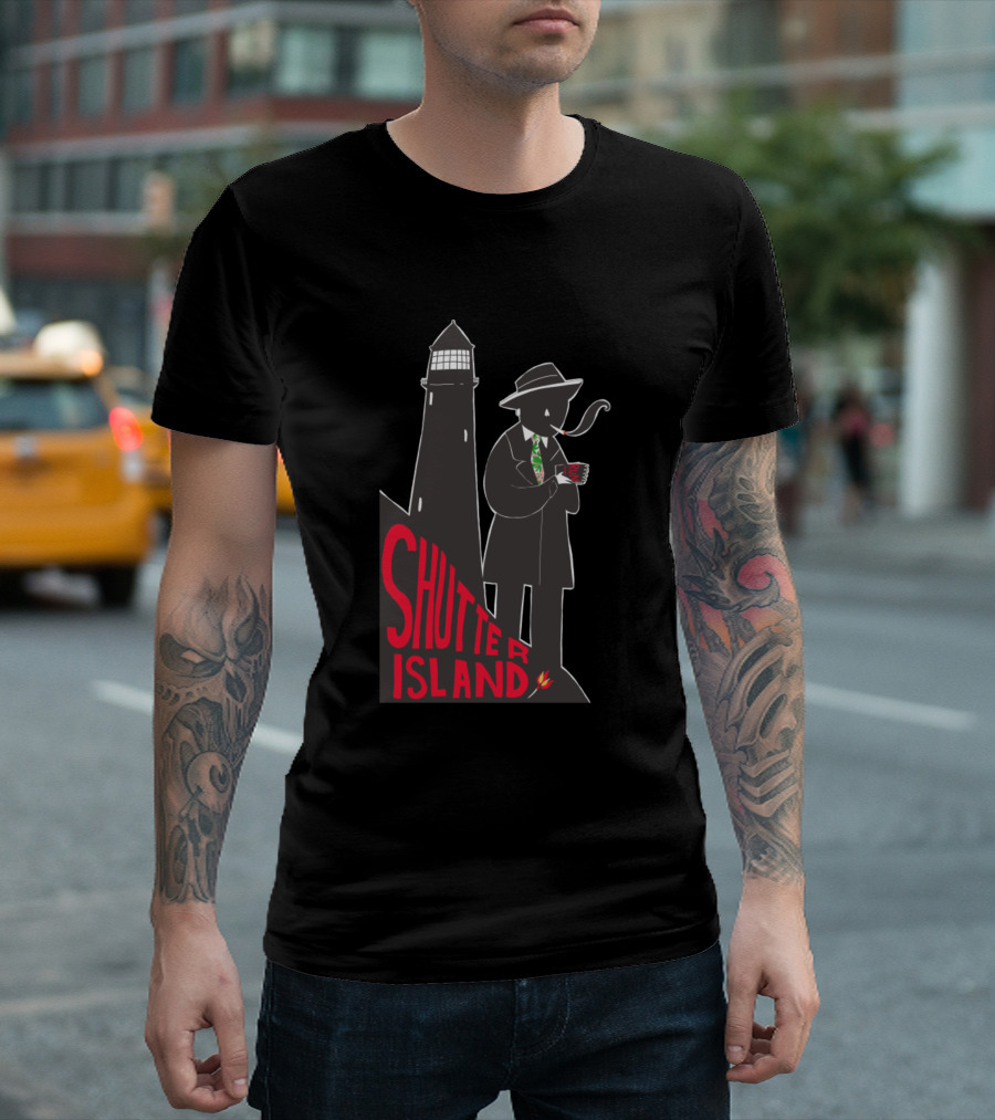 Shutter Island Smoking Figure Next to Lighthouse with Flaming Text T-Shirt