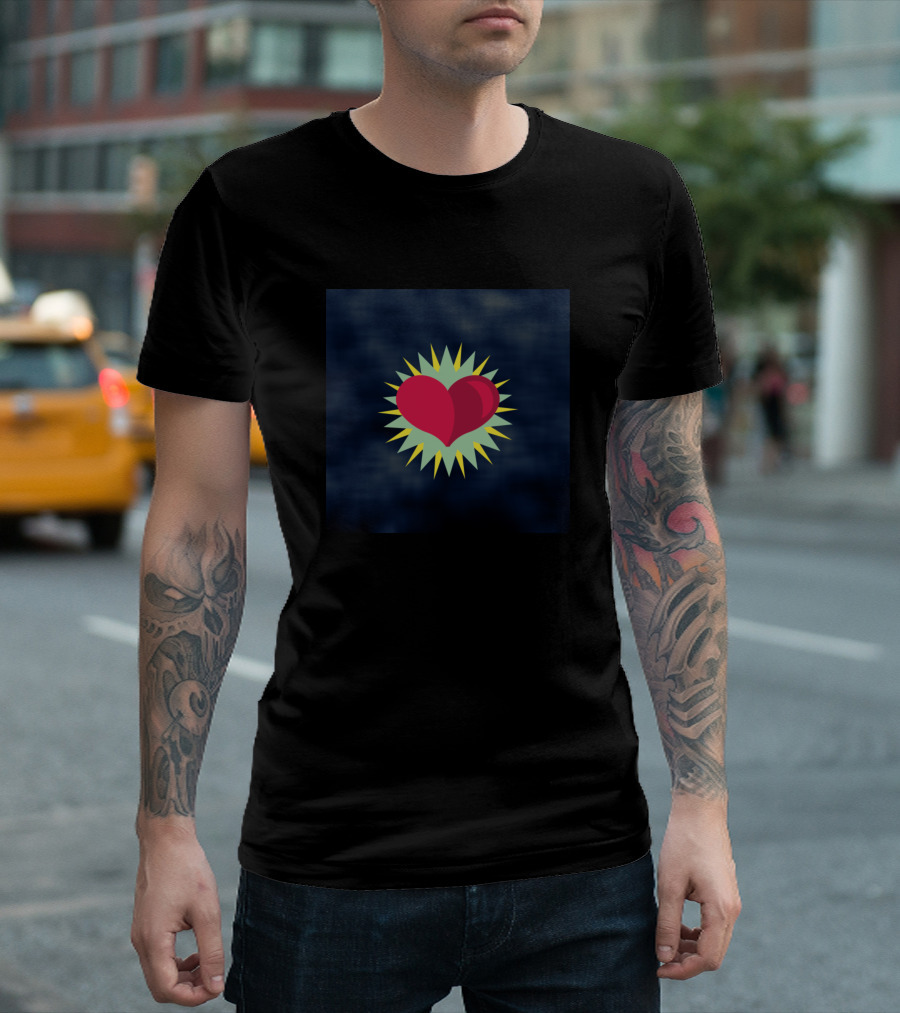 Starry Heart Red and Yellow on Dark Blue Background T-Shirt