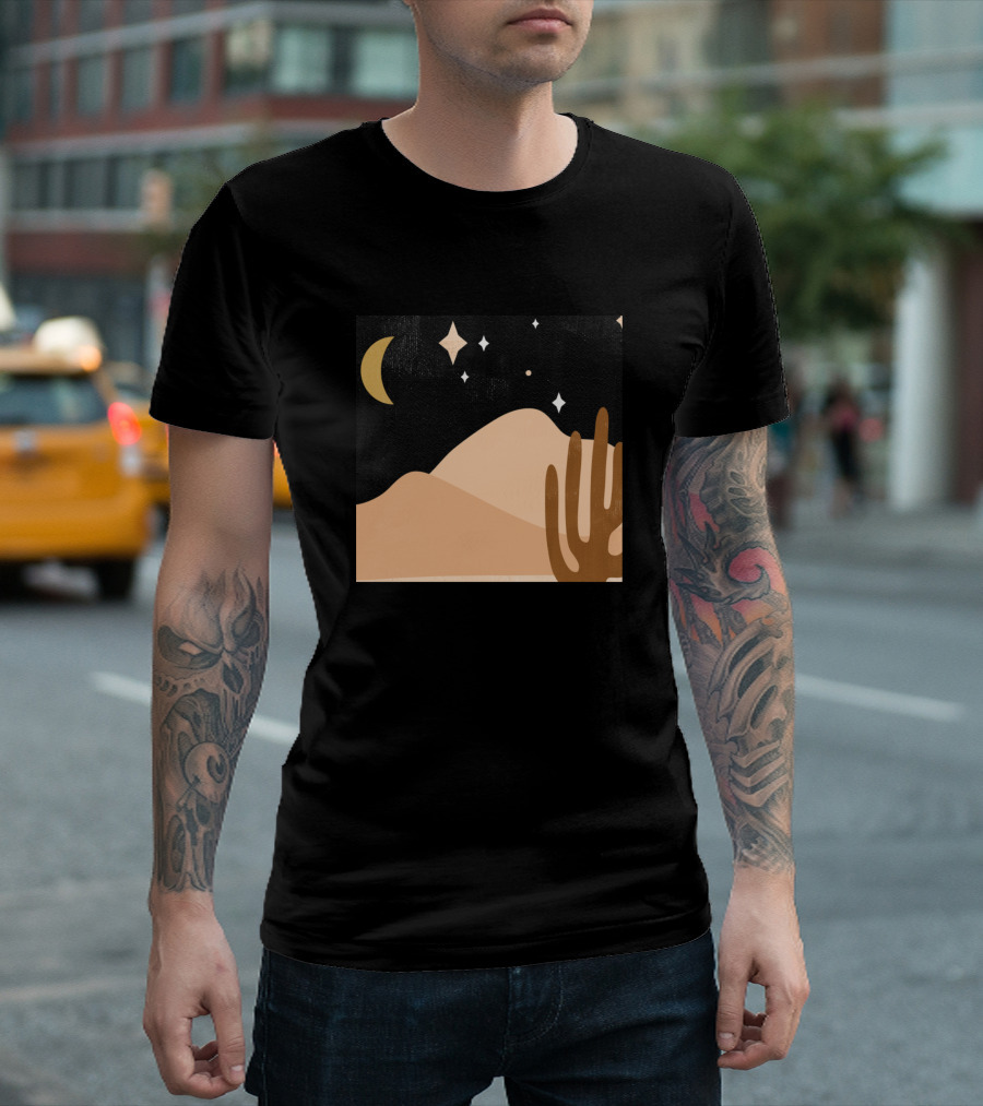 Desert Starry Night With Crescent Moon And Cactus T-Shirt