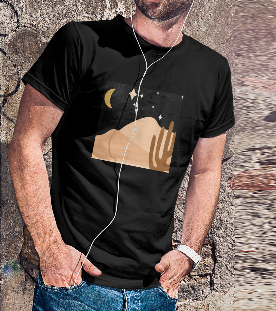 Desert Starry Night With Crescent Moon And Cactus T-Shirt