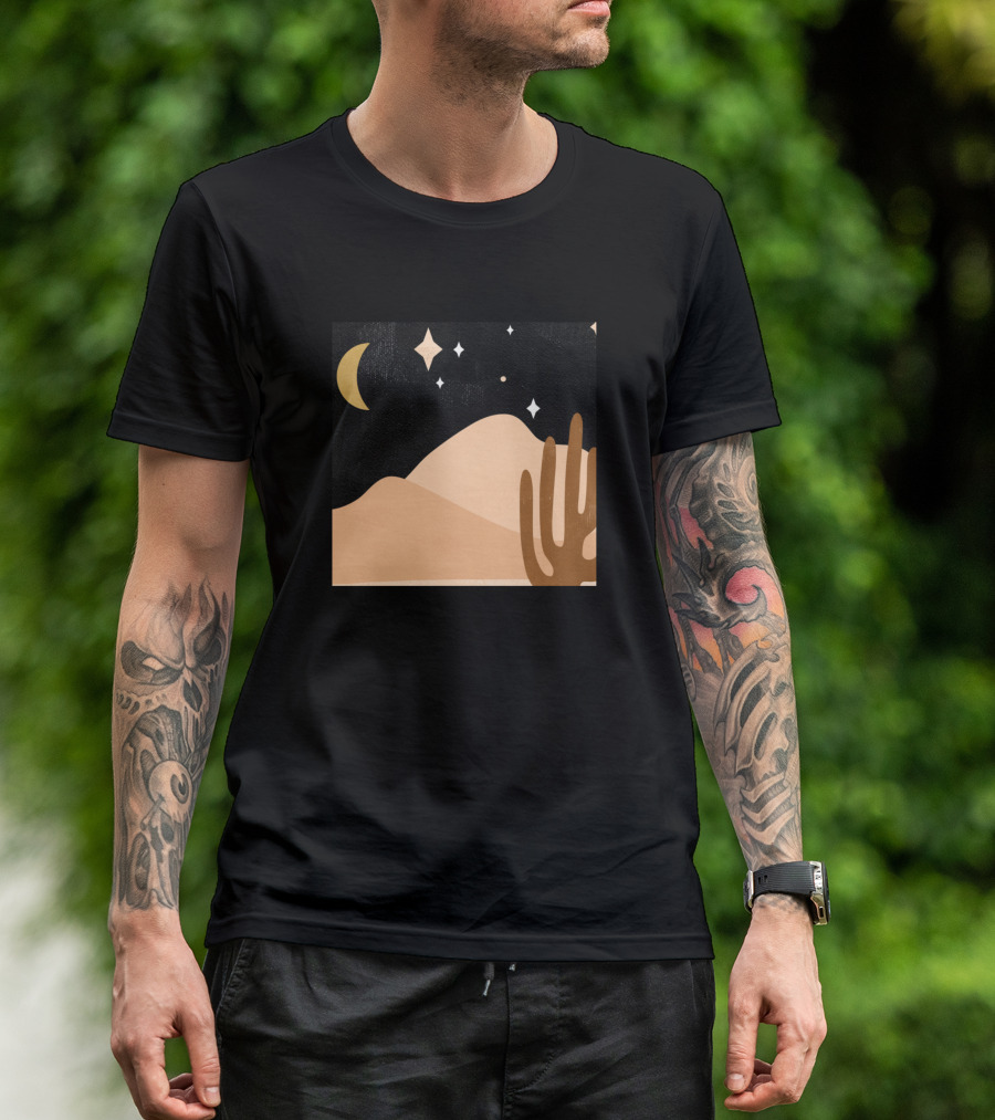 Desert Starry Night With Crescent Moon And Cactus T-Shirt
