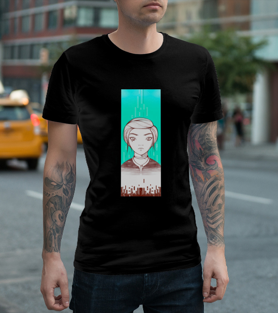 The Girl With The Butterfly Tattoo Futuristic Portrait on Vertical Urban Background T-Shirt