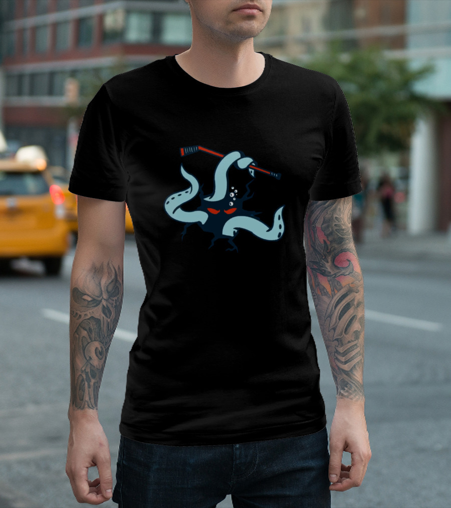 Kraken Hockey Octopus with Hockey Stick and Red Eyes T-Shirt