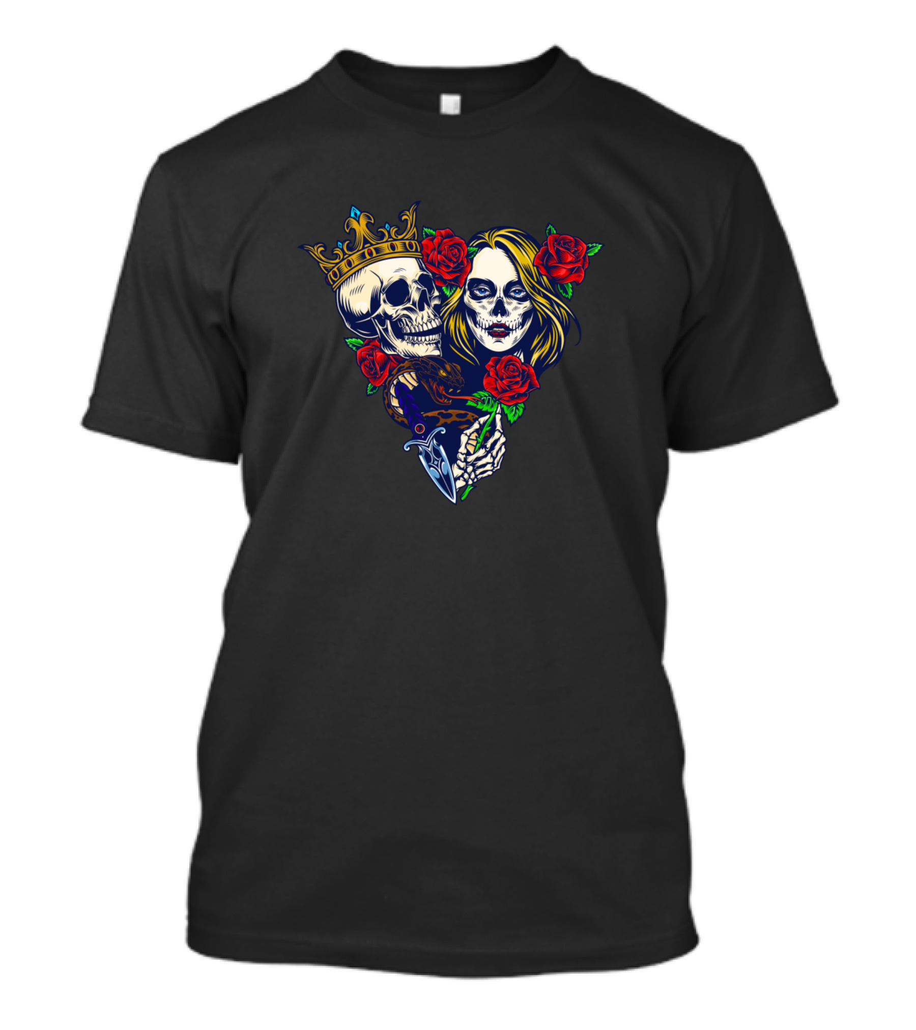 Triangle King Queen Skull Roses T-Shirt