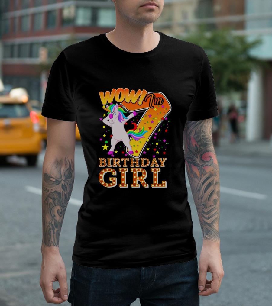 WOW I'm 7 Birthday Girl Unicorn Celebration Stars T-Shirt
