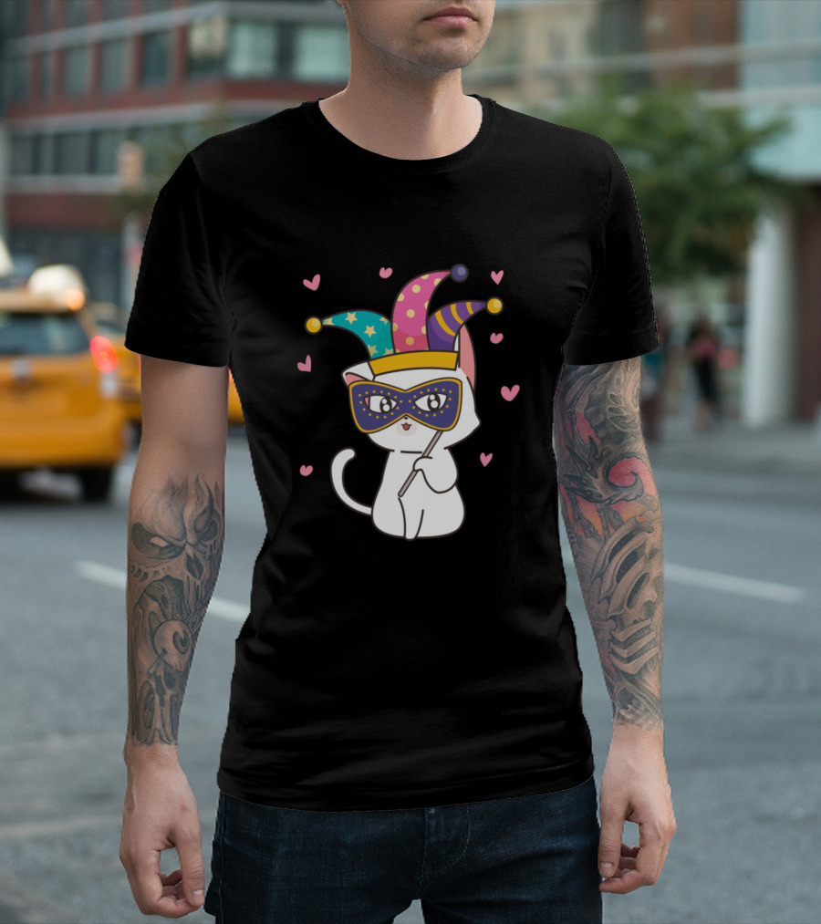 Cat Mardi Gras Kids Fat Tuesday Jester Mask Hearts T-Shirt
