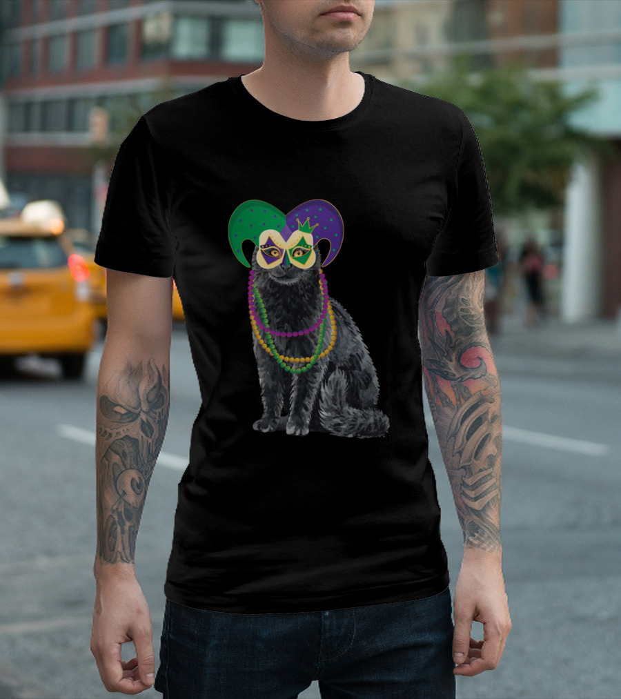 Mardi Gras Cat With Mask And Beads Festival T-Shirt