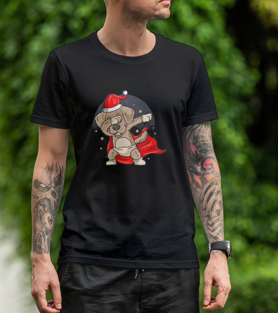 Christmas Dog Dabbing In Santa Hat With Red Cape T-Shirt