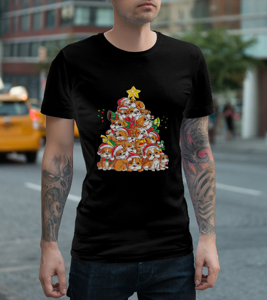 Christmas Tree Made of English Bulldogs with Holiday Decorations T-Shirt