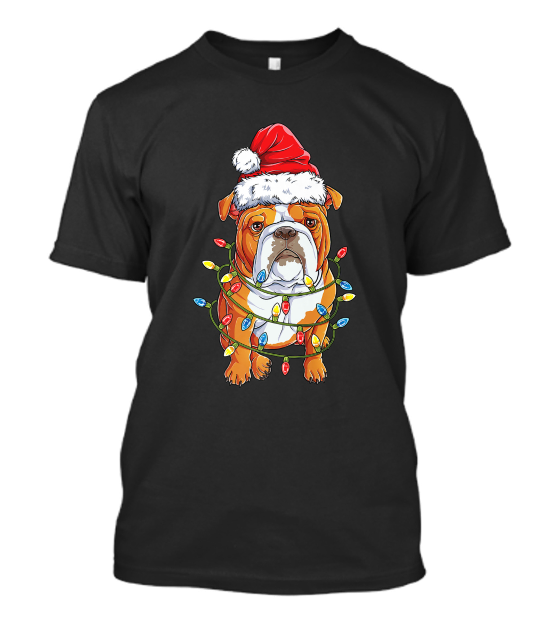 English Bulldog Wearing Santa Hat Wrapped In Christmas Tree Lights T-Shirt