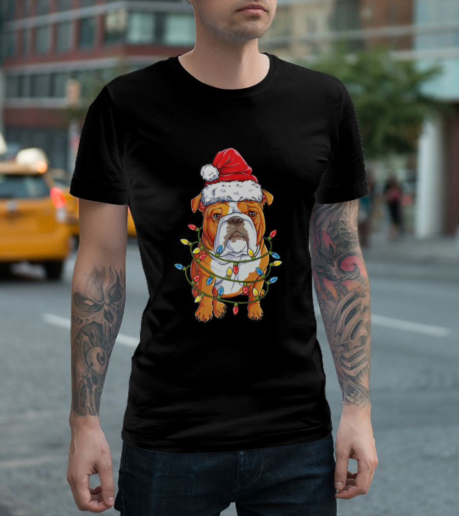 English Bulldog Wearing Santa Hat Wrapped In Christmas Tree Lights T-Shirt