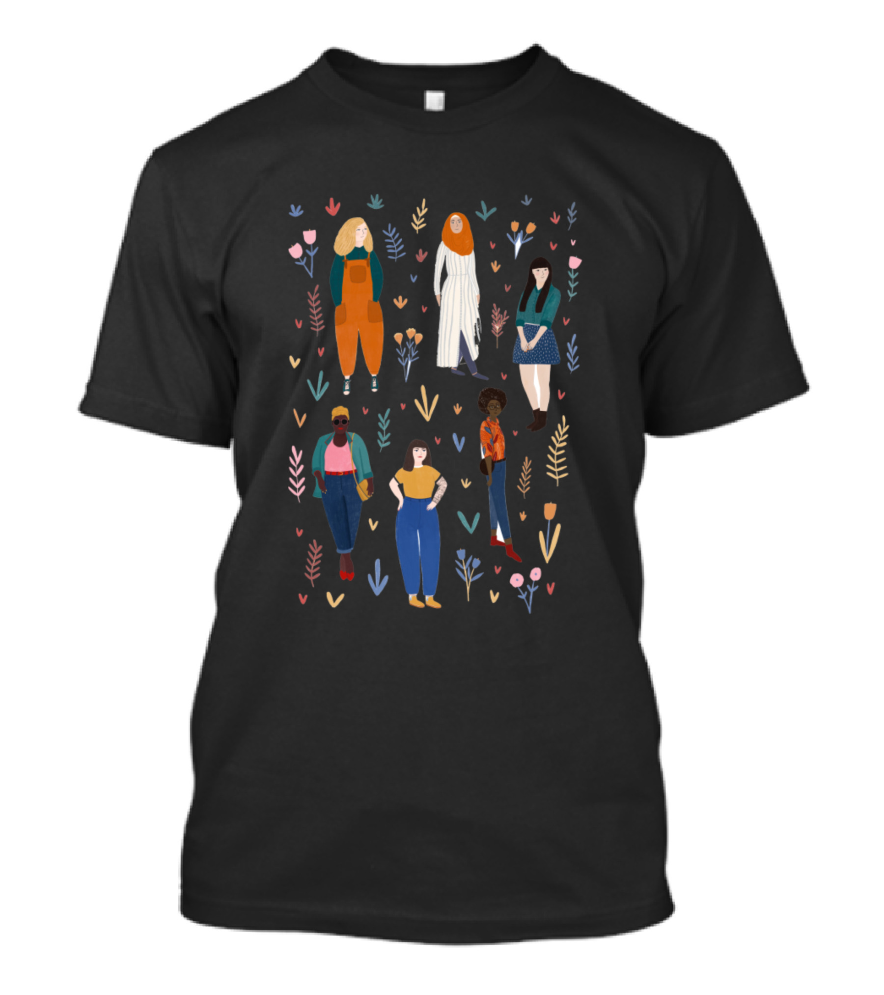 Female Power Diverse Women Surrounded By Colorful Floral Elements T-Shirt