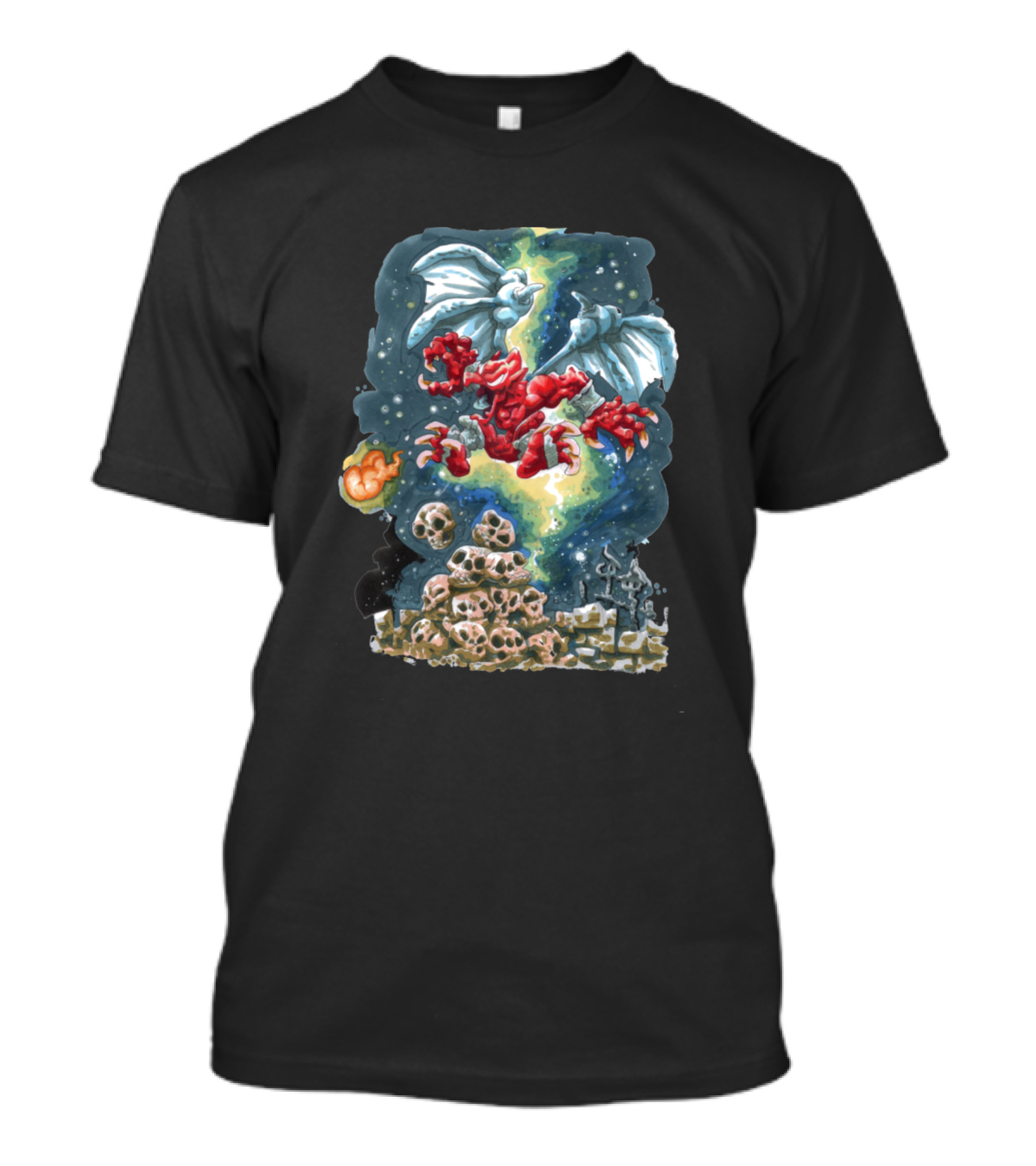 Firebranded Celestial Dragon Soaring Over Cosmic Skull Landscape T-Shirt