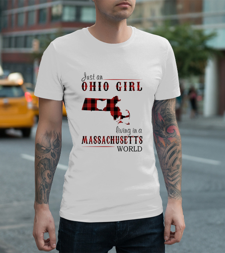 Ohio Girl Heart in Massachusetts World Buffalo Plaid T-Shirt