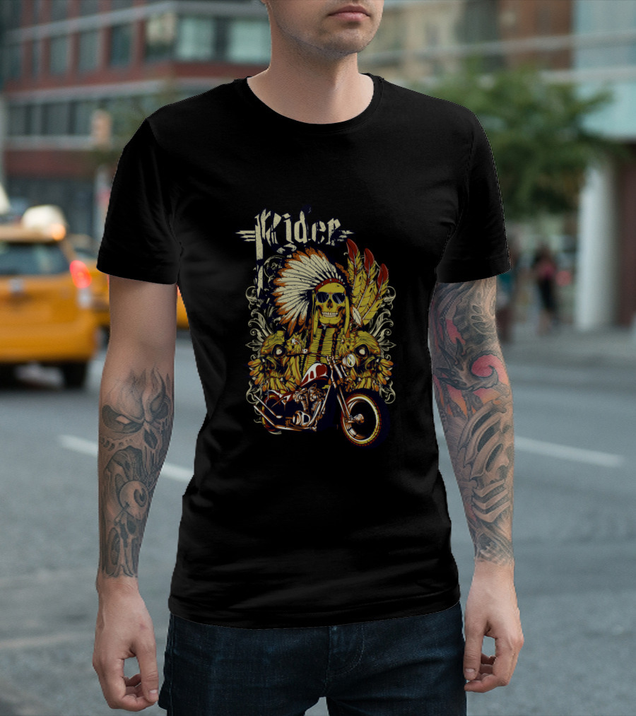 Rider Native Skull Motorcycle with Feathered Headdress T-Shirt