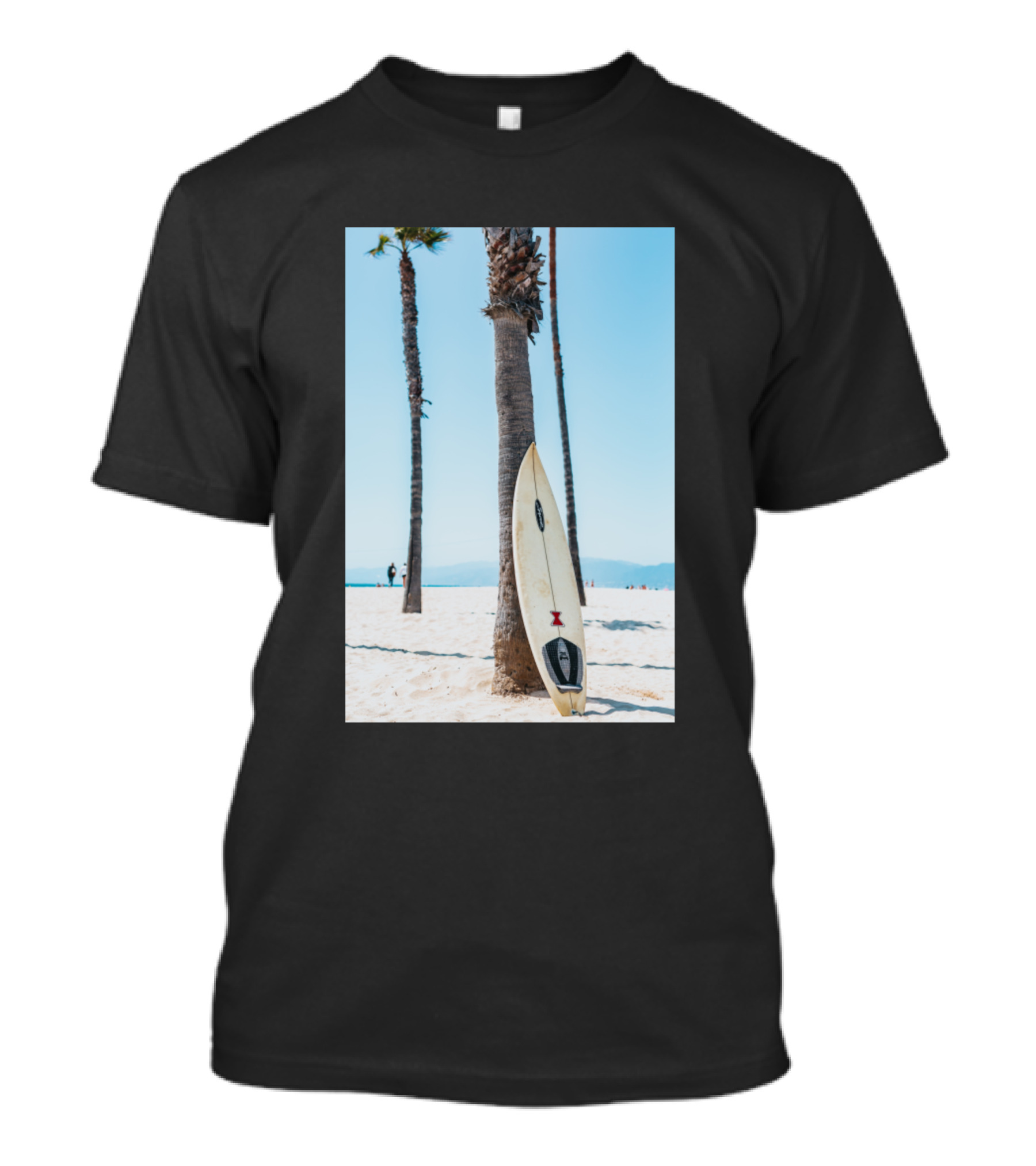 Surfboard Leaning Against Palm Tree On Sunny Beach Scene T-Shirt
