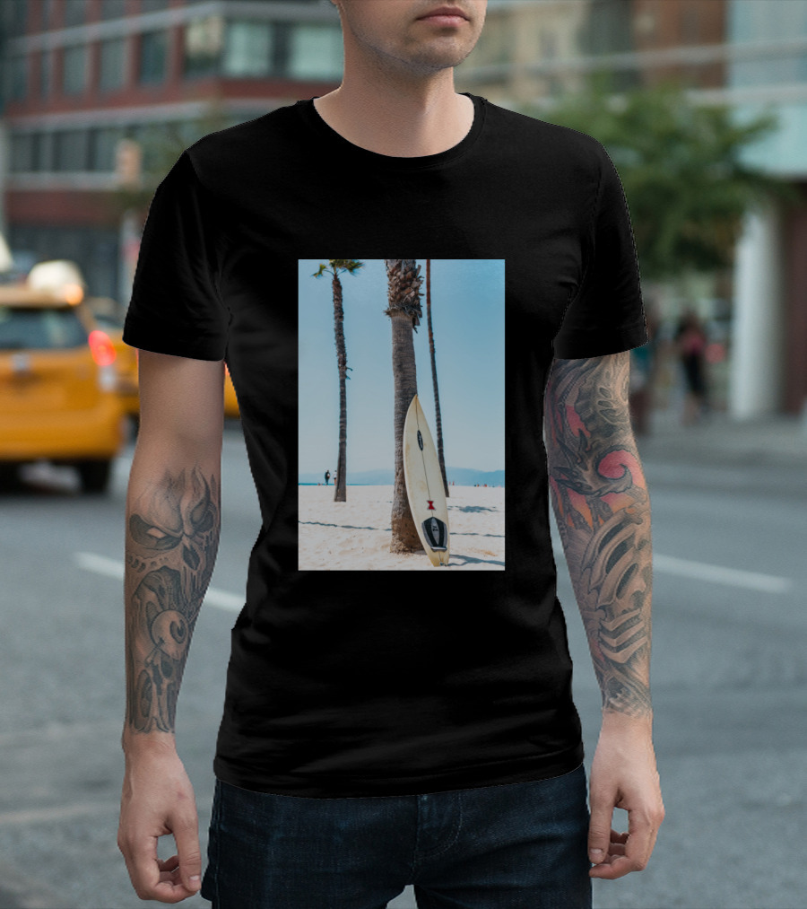 Surfboard Leaning Against Palm Tree On Sunny Beach Scene T-Shirt