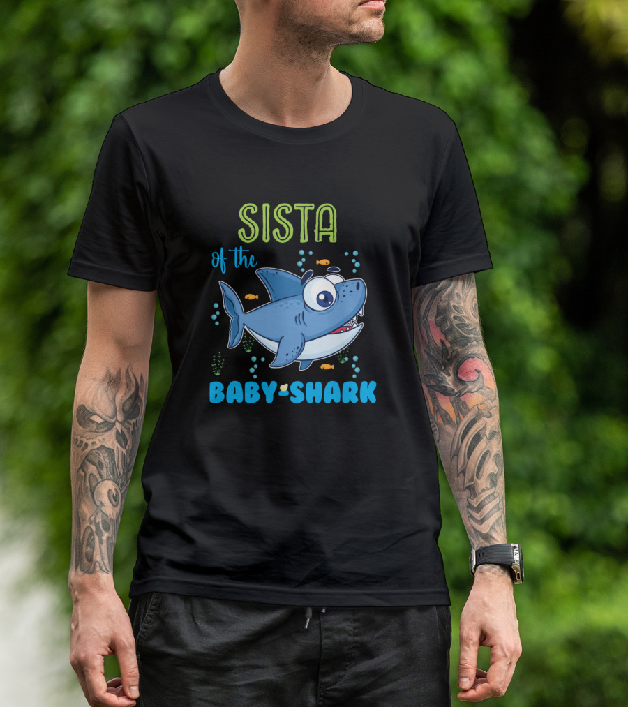 Sista Of The Baby Shark Cartoon With Blue Animated Shark And Fish Bubbles T-Shirt