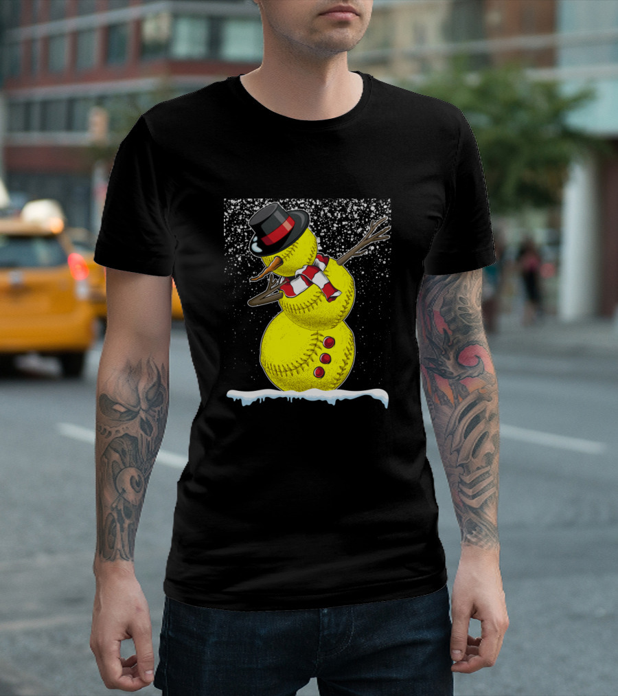 Softball Snowman Funny Christmas Sport Training Snowflakes Hat Scarf T-Shirt