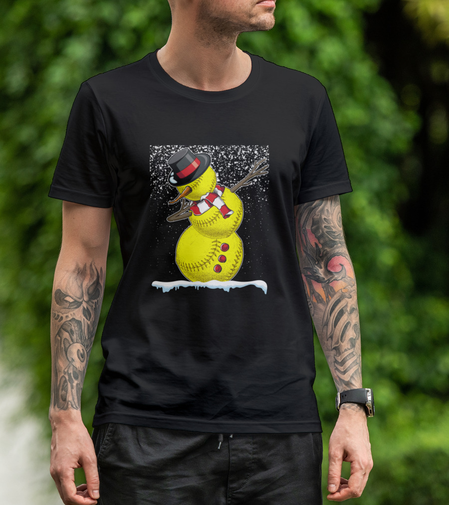 Softball Snowman Funny Christmas Sport Training Snowflakes Hat Scarf T-Shirt
