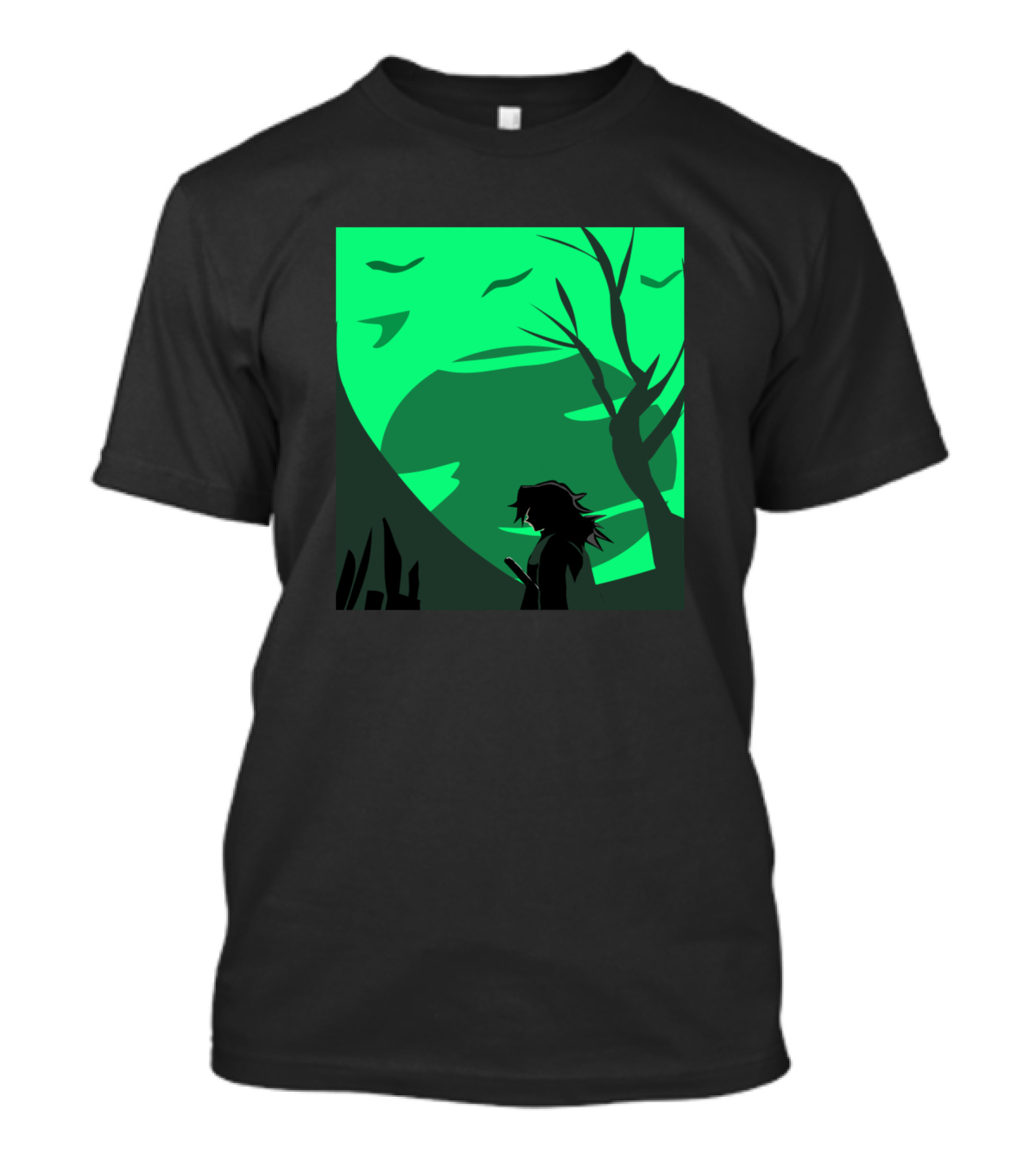Tomioka Giyuu The Pillar Silhouette Against Green Forest Backdrop T-Shirt