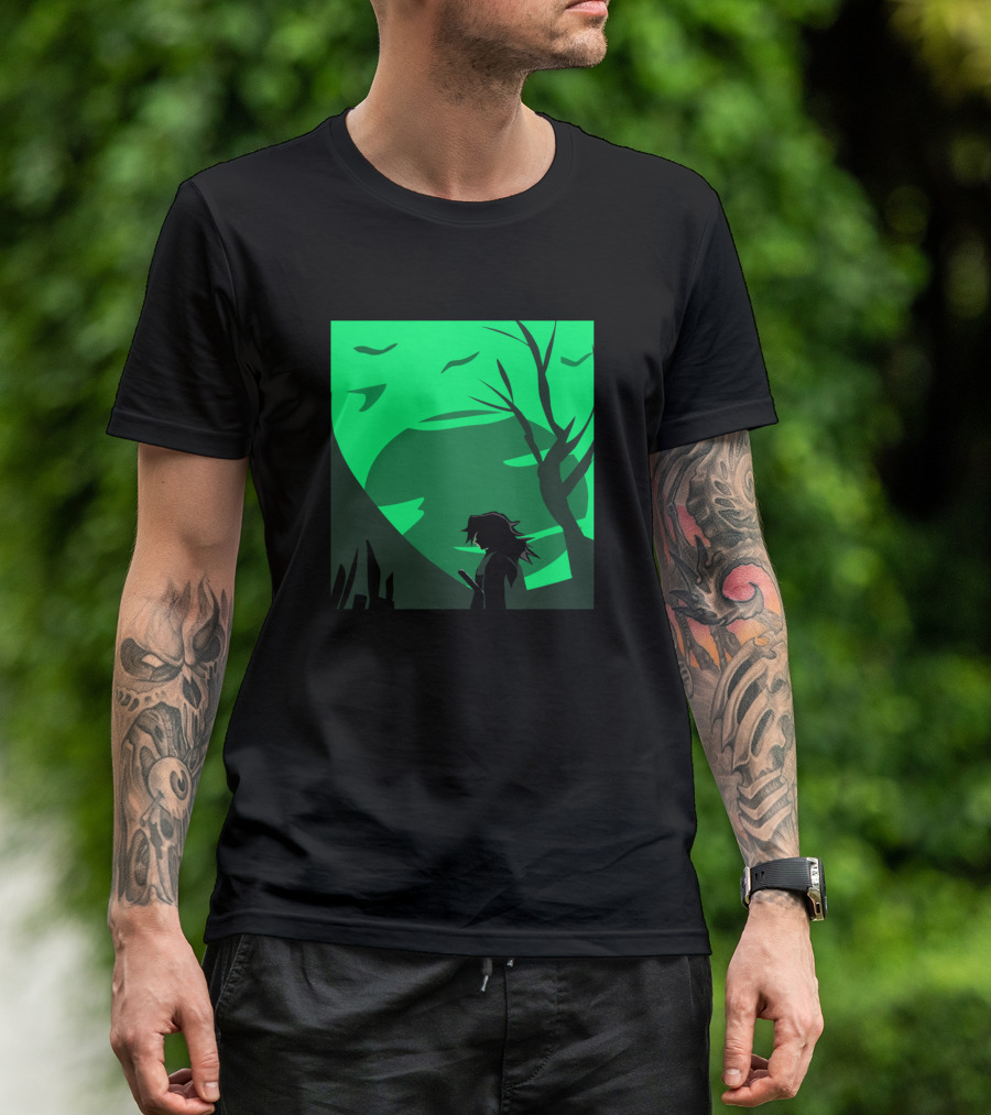Tomioka Giyuu The Pillar Silhouette Against Green Forest Backdrop T-Shirt