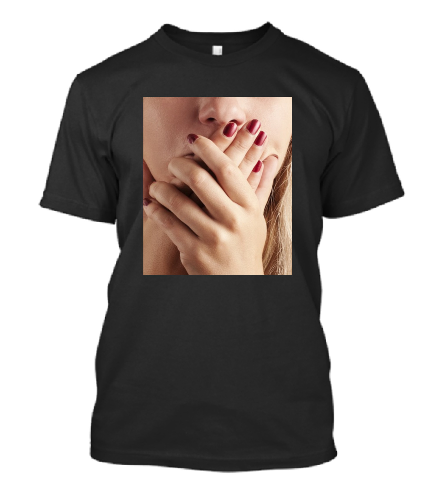 Woman Concealing Expression With Hands Over Mouth T-Shirt