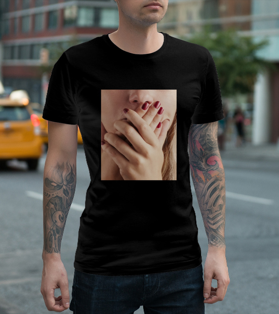Woman Concealing Expression With Hands Over Mouth T-Shirt