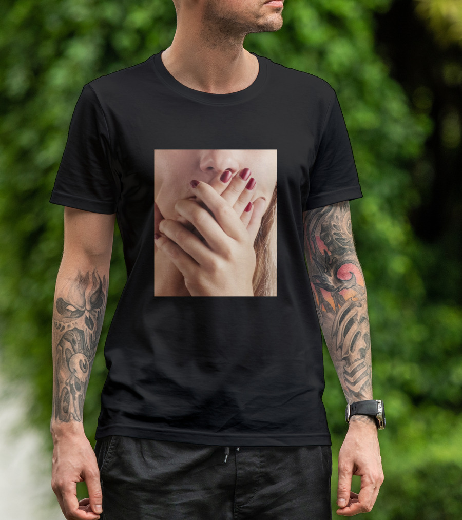 Woman Concealing Expression With Hands Over Mouth T-Shirt