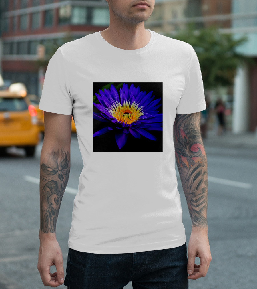 Blue Lily Vibrant Bloom Dark Background Essence T-Shirt