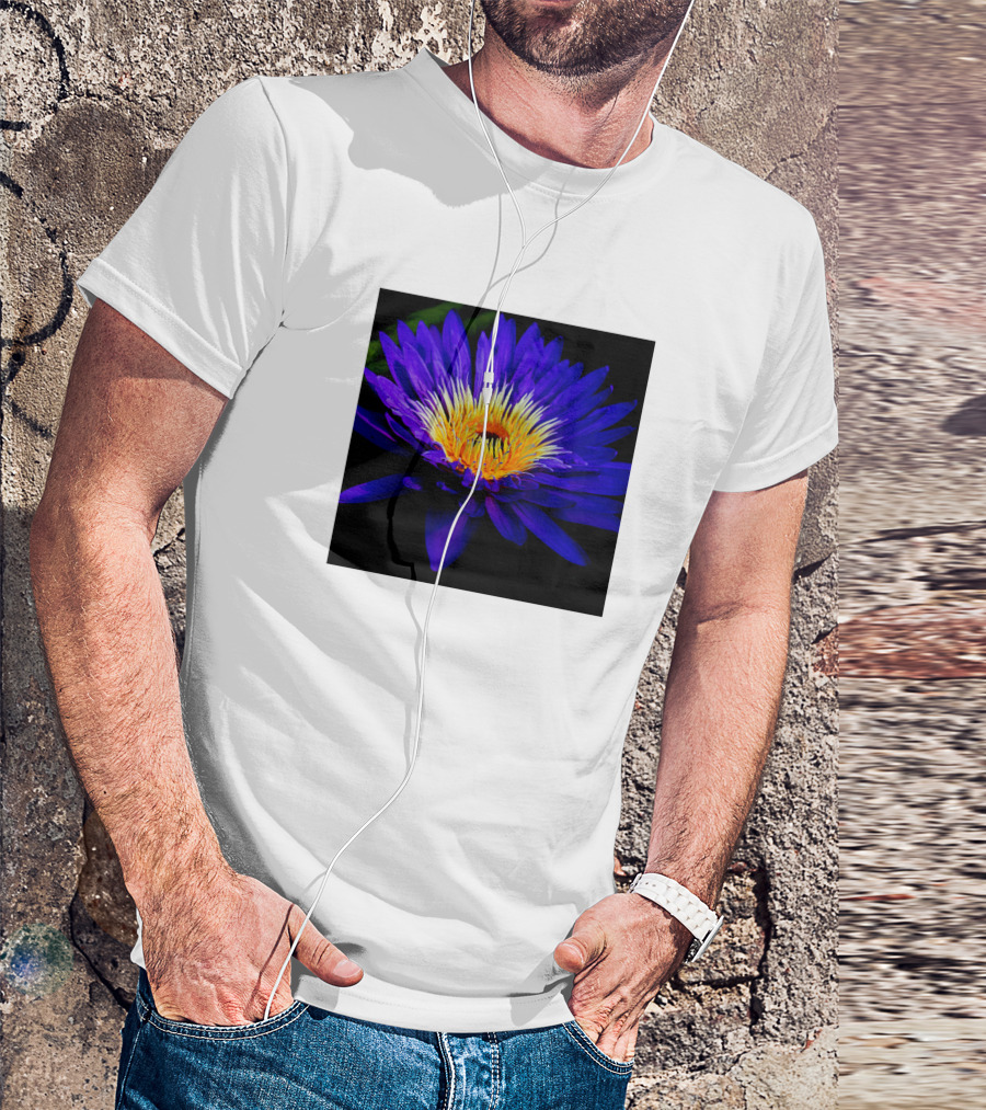 Blue Lily Vibrant Bloom Dark Background Essence T-Shirt