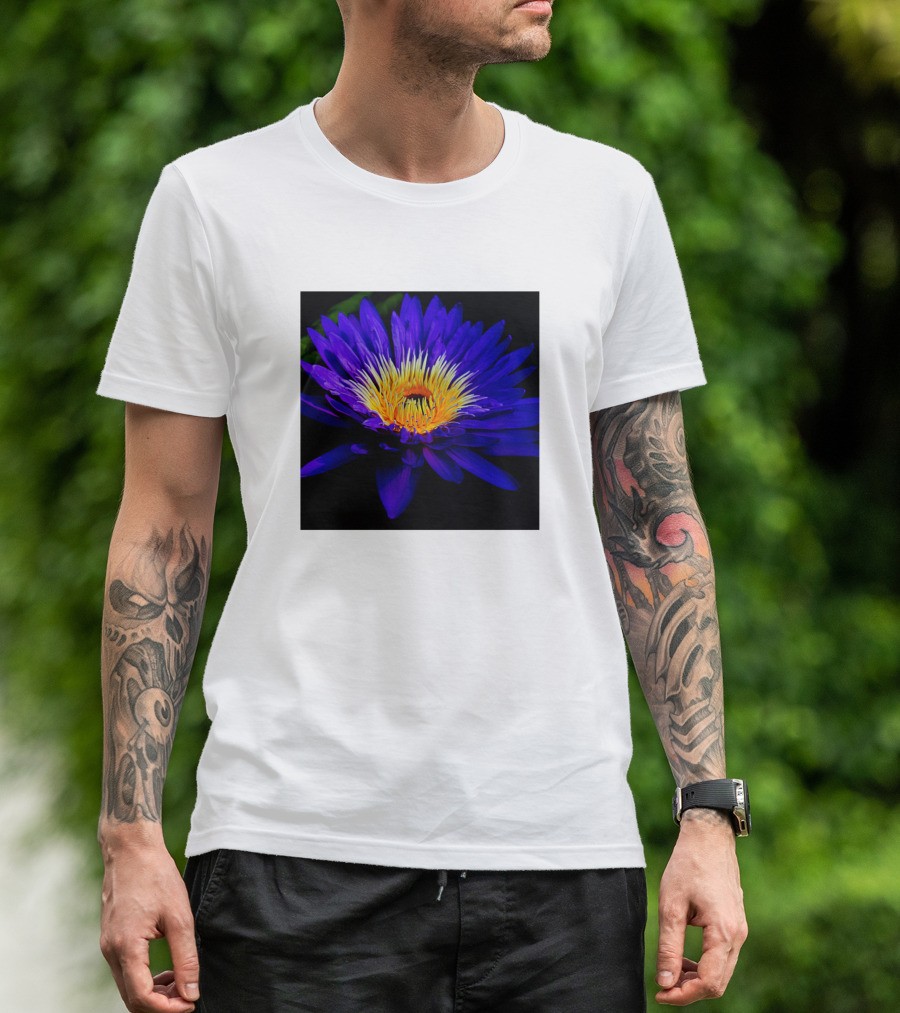 Blue Lily Vibrant Bloom Dark Background Essence T-Shirt