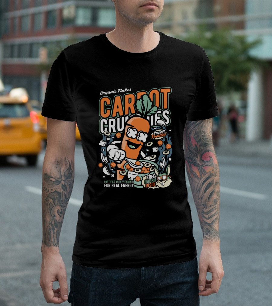 Organic Flakes Carrot Crunchies Super Foodies Free Rabbit Inside Fortified with Vitamin D for Real Energy T-Shirt