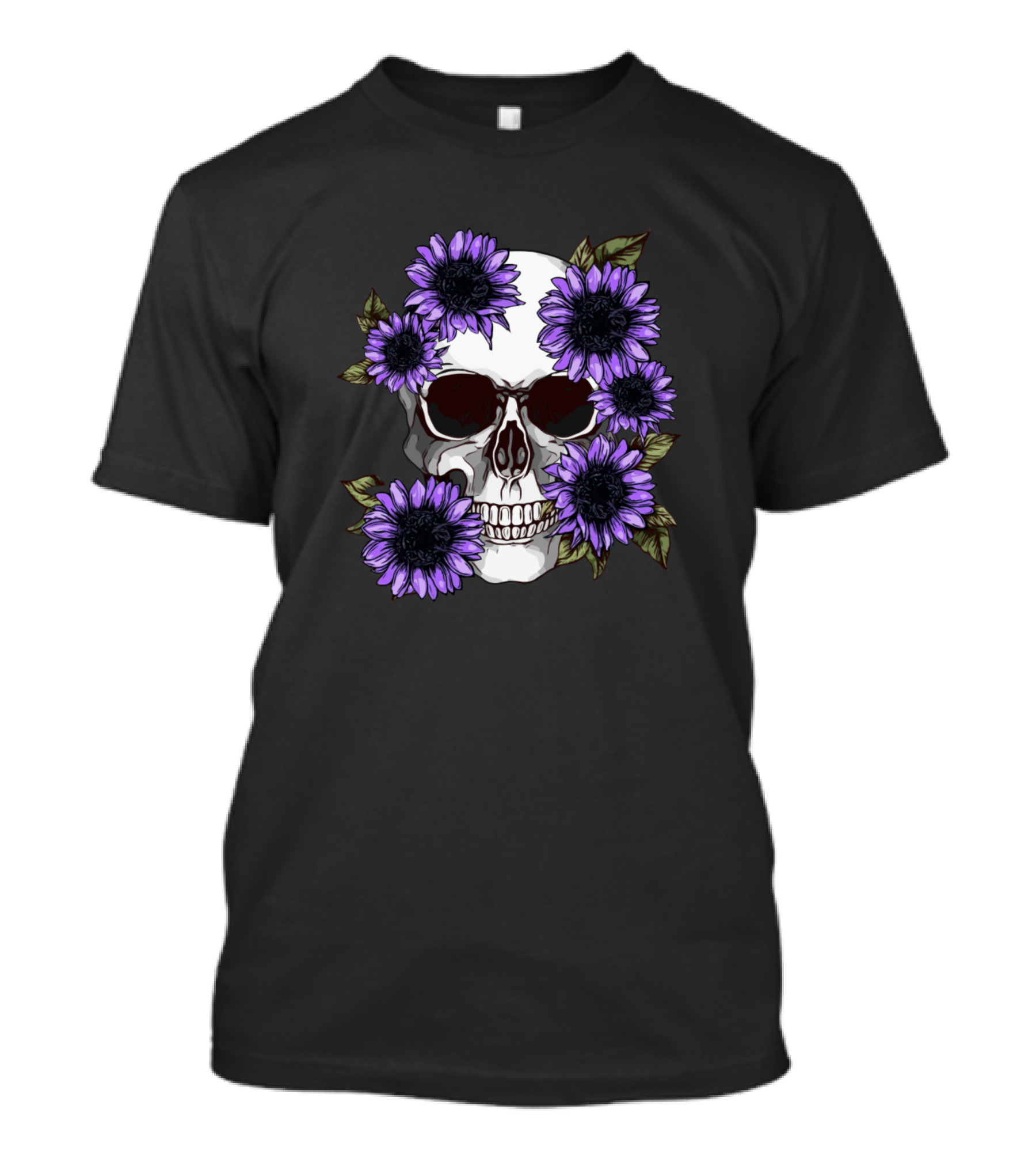 Cool Floral Skull With Violet Sunflowers T-Shirt