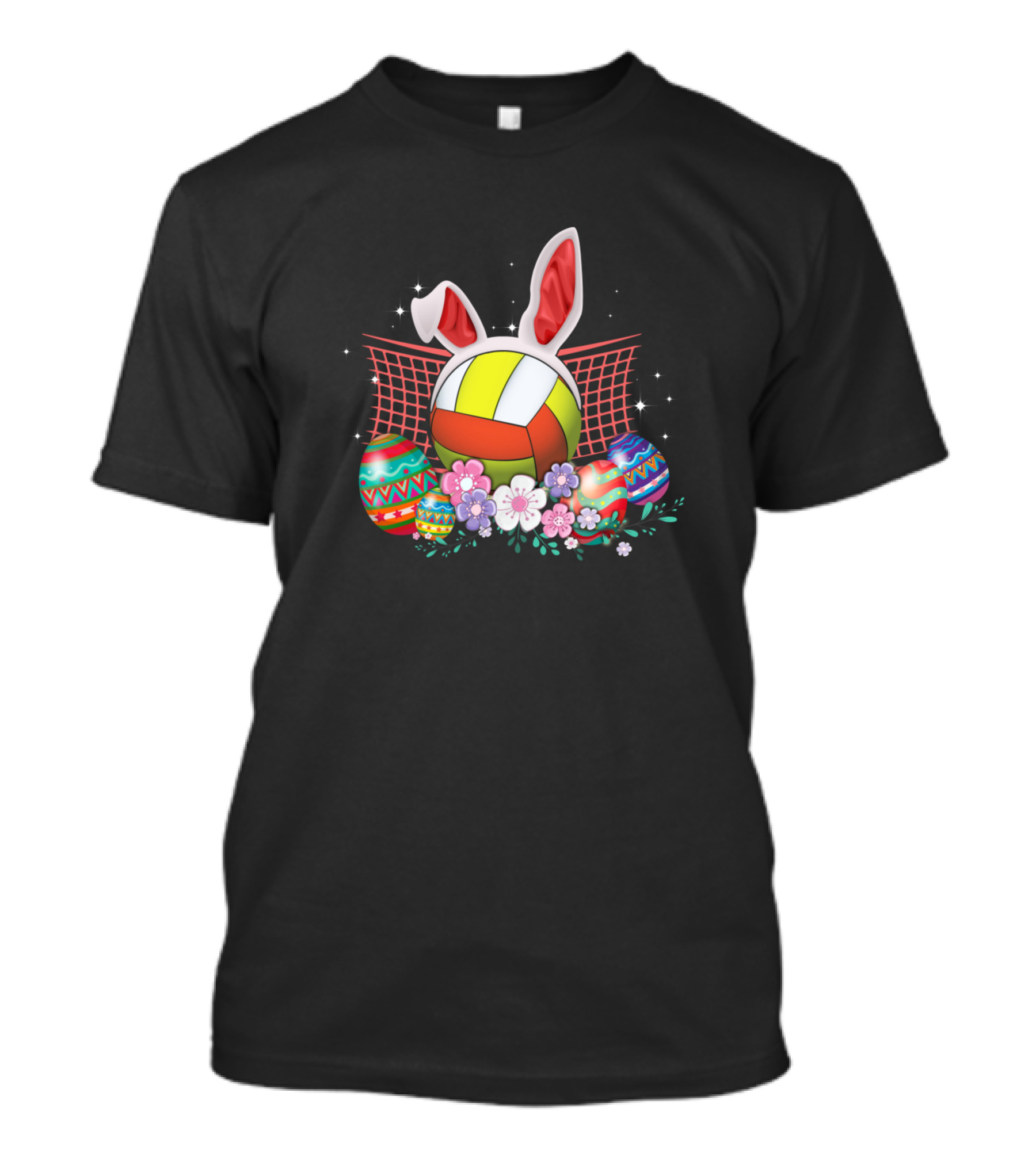 Volleyball Easter Bunny Eggs With Flowers And Net T-Shirt