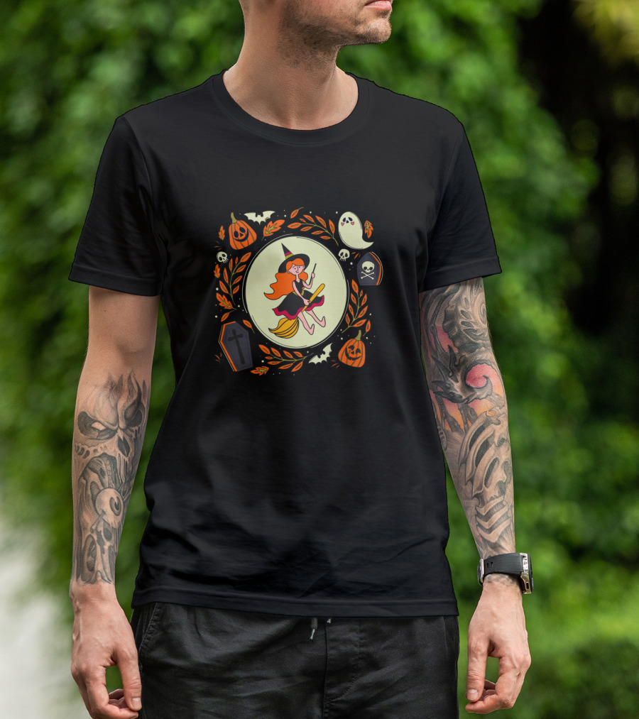 Halloween Witch Broomstick Pumpkins Ghosts Skulls Cauldron T-Shirt