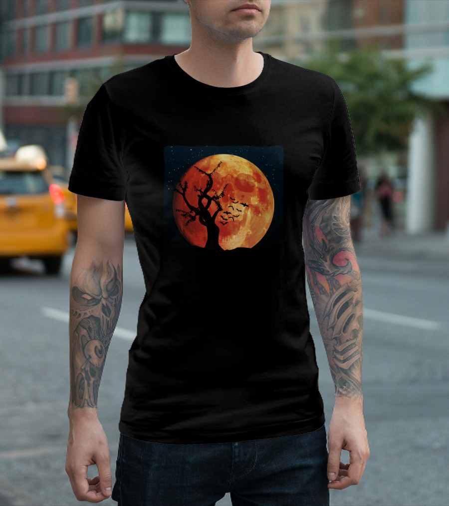 Halloween Blood Moon Skull Face with Spooky Tree and Bats T-Shirt