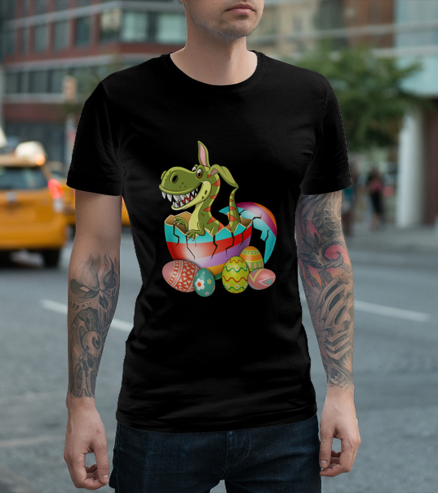 Happy Easter Dino Hatching Colorful Eggs Women Men Kids Bun T-Shirt
