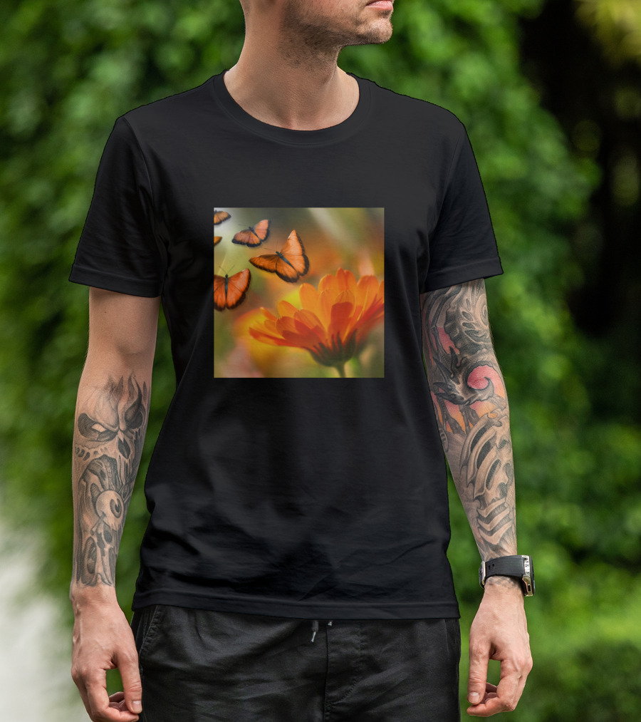Orange Flower And Butterflies Summer Scene T-Shirt