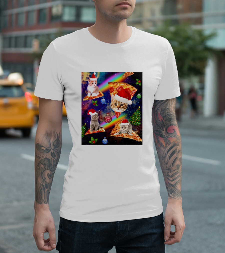 Outer Space Christmas Cats With Santa Hats Riding Pizza In Galaxy With Christmas Ornaments And Rainbow T-Shirt