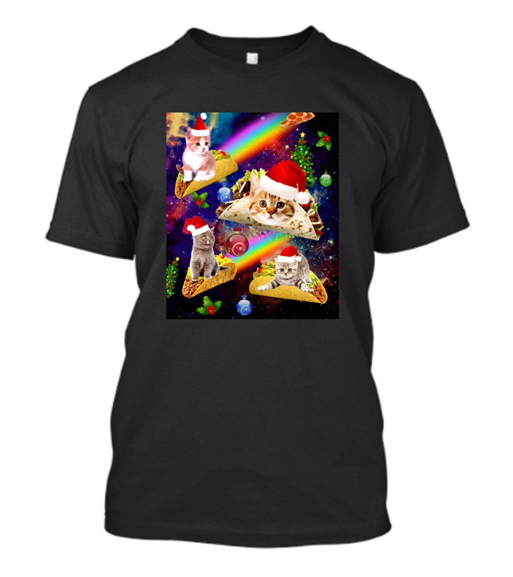 Christmas Cats In Outer Space Riding Tacos With Santa Hats And Rainbows T-Shirt